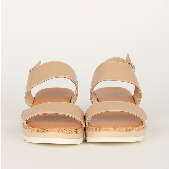Nude open toe lug cork band wedge platform sandals - Picture 2 of 4